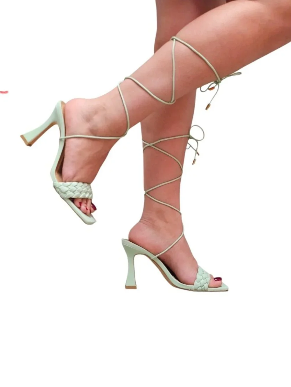 Strappy Mint Green Lace-Up Heeled Sandals With Braided Front Design Square Toe A